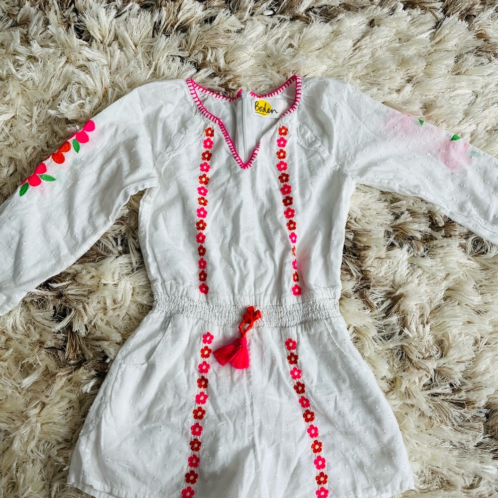 Boden White Romper with Pink and Orange Floral Embroidery